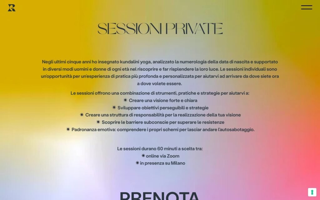 Pagina Sessioni private del sito Io Sono Rirri con la prenotazione delle sedute