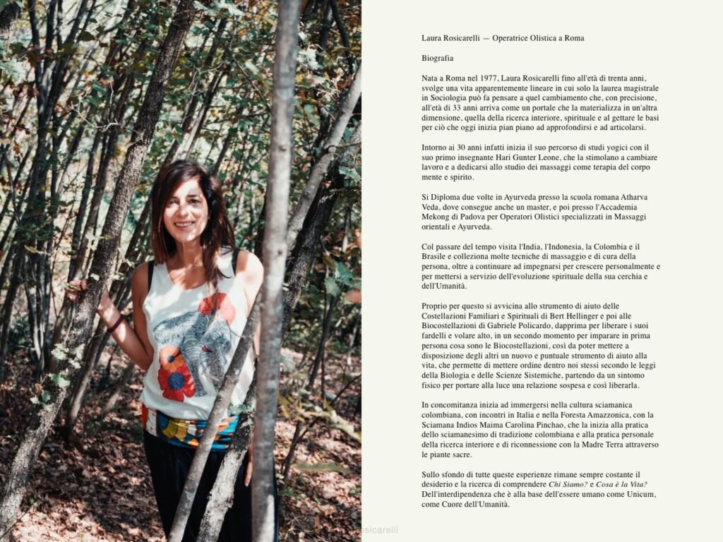 Sezione Biografia del sito di Laura Rosicarelli con la sua foto nel bosco